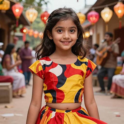 Photograph of a smiling young Indian girl with dark hair, wearing a colorful red, yellow, and black abstract patterned crop top and skirt, standing