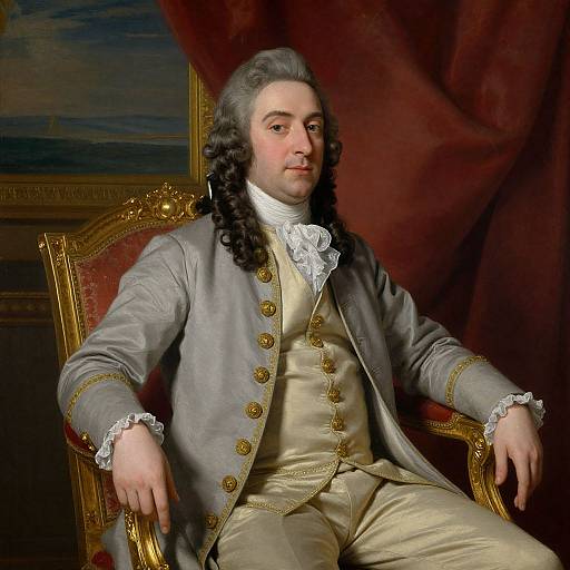 Portrait of an 18th-century aristocrat with long, curly gray hair, wearing a silver-gray coat, cream waistcoat, and white lace cr