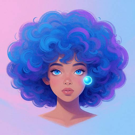 Digital illustration of a young woman with vibrant blue-purple curly hair, glowing blue eye, and matching blue earring, set against a pink-blue gradient background