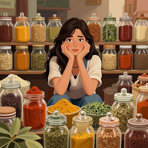 Digital illustration of a thoughtful woman with long black hair, hands on cheeks, sitting in a spice shop with jars of colorful spices on shelves behind her.