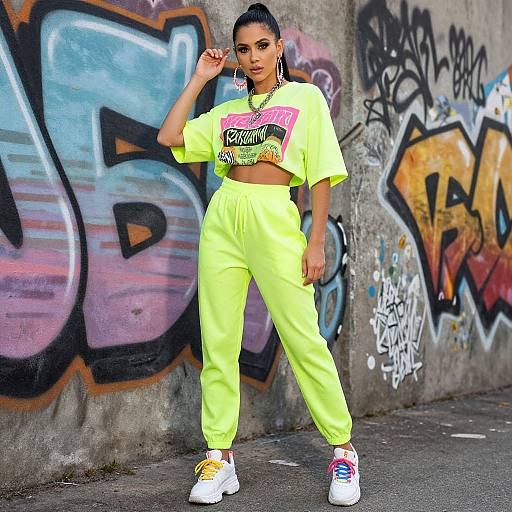 Photograph of a confident woman in neon yellow crop top and pants, white sneakers, standing against graffiti-covered concrete wall.