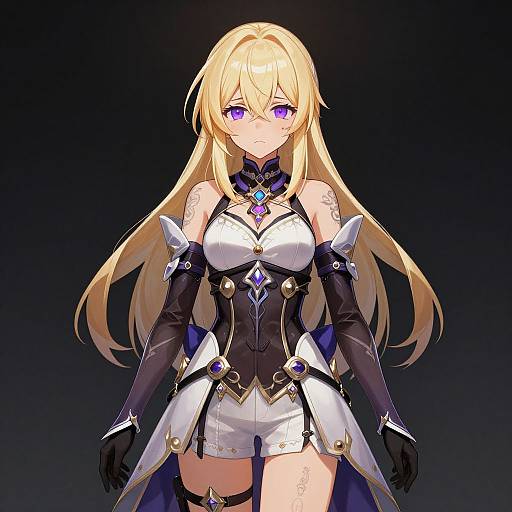 Digital anime-style drawing of a blonde, purple-eyed, fair-skinned woman in a white and black armored outfit with long gloves and a jewel-enc