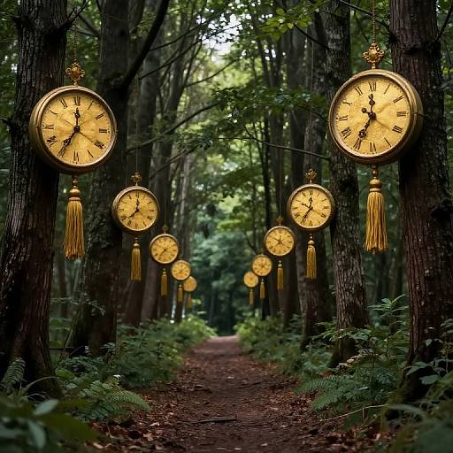 Photograph of a forest path adorned with hanging, glowing gold clocks with black Roman numerals and tassels, surrounded by tall trees and green foliage