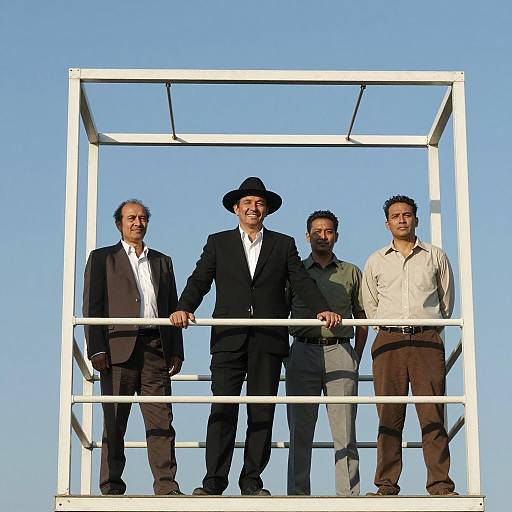 Four Men Posing on Metal Frame