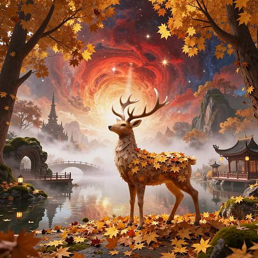 Digital artwork of a majestic deer with autumn leaves covering its body, standing in a serene, misty Japanese garden at sunset, surrounded by vibrant orange and