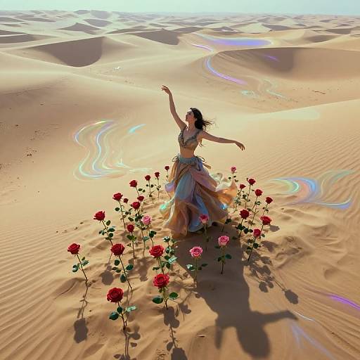 Digital artwork of a dancing woman in a flowing dress amidst red roses in a sunlit, rippled desert with rainbow light reflections.