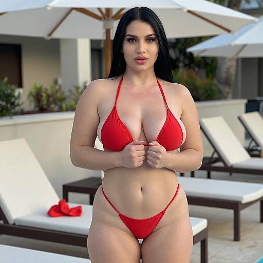 Curvy Woman in Red Bikini by Pool
