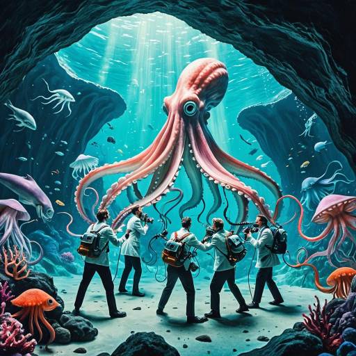 Scientists Facing Giant Playful Squid in Underwater Cavern