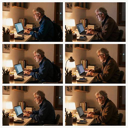 Photograph collage of an elderly man with gray hair and beard, wearing a blue or brown shirt, typing on a laptop in a warmly lit office with