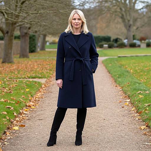Photograph of a blonde woman in a black coat, black leggings, and boots, standing on a leaf-covered park path.