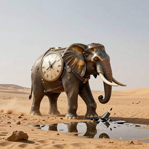 Photograph of a clock-faced, ornately decorated elephant standing in a desert, with sand, rocks, and a reflective puddle in the foreground.