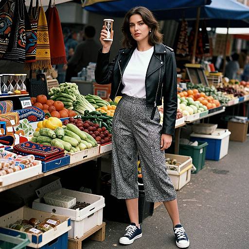 Photograph of a young woman with medium skin tone and dark brown hair, wearing a black leather jacket, white shirt, patterned capri pants,