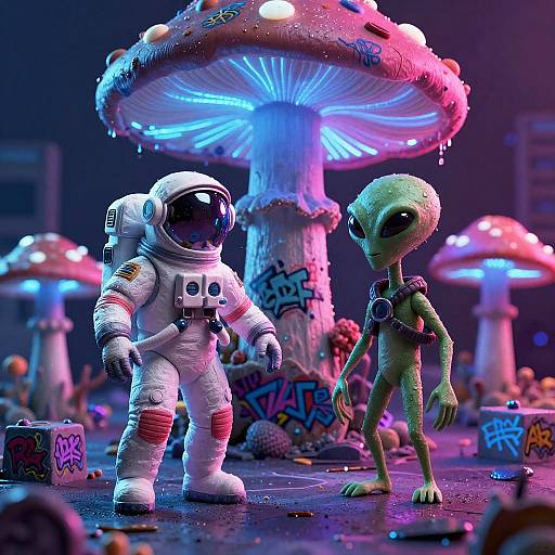 Neon Cyberpunk Astronaut and Alien Scene