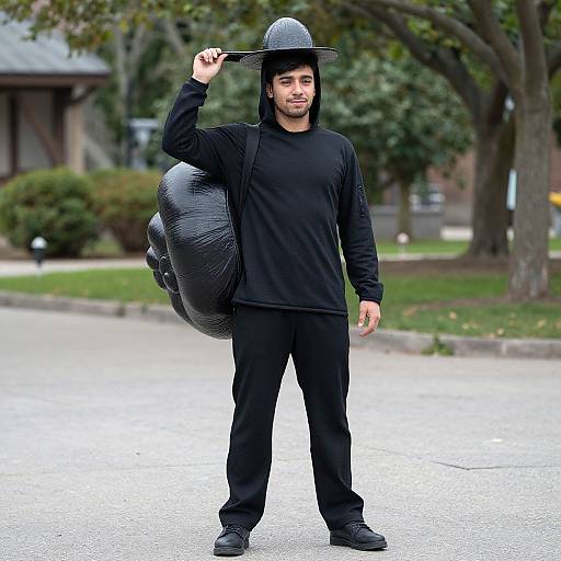 Photograph of a man in black hoodie and pants, wearing a black hat, holding a large black balloon, standing on a suburban street with trees and