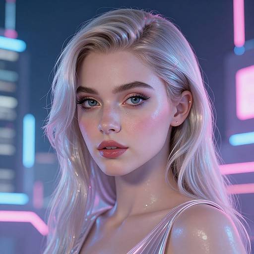 Digital portrait of a beautiful blonde woman with fair skin, blue eyes, and glossy lips, illuminated by neon lights in a futuristic cityscape.