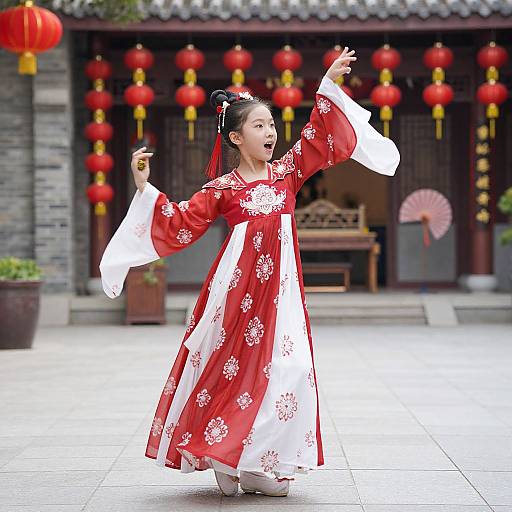 Photograph of an Asian woman in a red and white floral traditional Chinese dress, dancing with arms raised, in front of a traditional building with red lantern