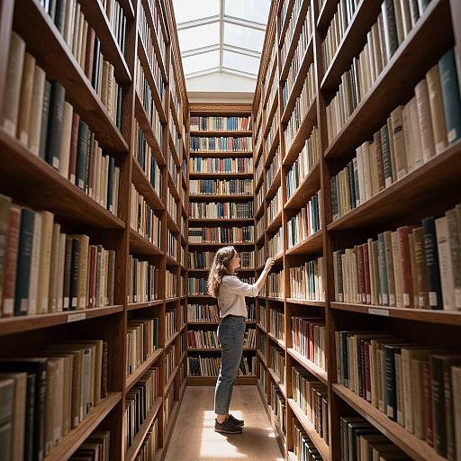 Photograph of a woman with long brown hair, wearing a white shirt and blue jeans, standing in a sunlit, wooden bookshelf-lined library aisle