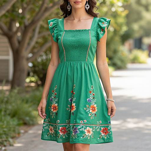 Photograph of a woman in a vibrant green, floral-embellished, short-sleeved dress standing on a sunlit, tree-lined street