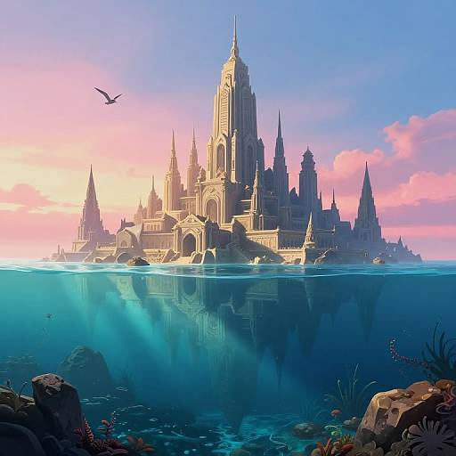 Digital fantasy artwork of a grand, sunlit castle with spires, reflected in a turquoise underwater scene, with a flying bird above.