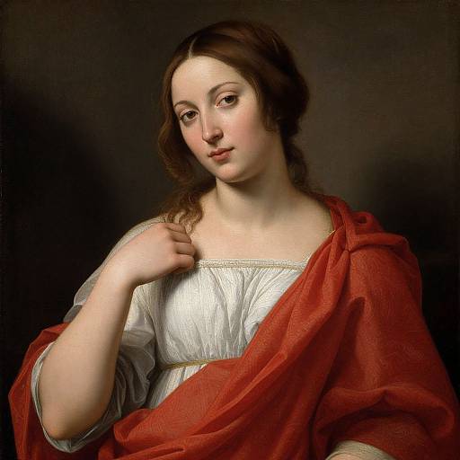 Baroque-style portrait of a fair-skinned woman with brown hair, wearing a white dress and red drapery, against a dark background.