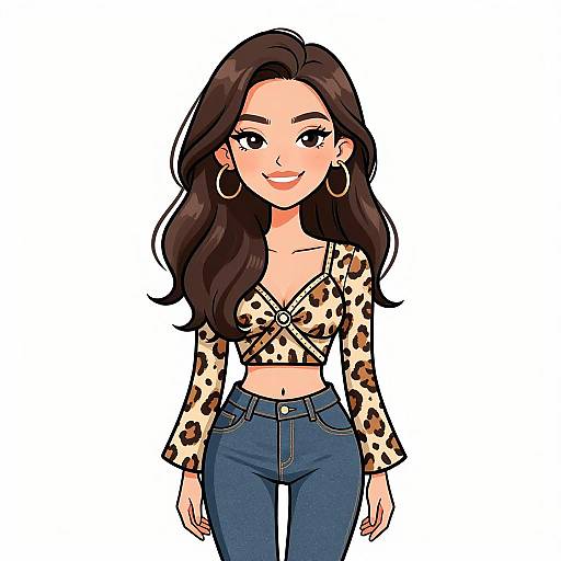 Digital cartoon of a smiling woman with long brown hair, wearing a leopard-print crop top and blue jeans, large hoop earrings.