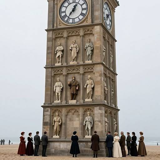 Photograph of a tall, stone clock tower with Roman statues, surrounded by a group of people in Victorian-era clothing on a sandy beach.