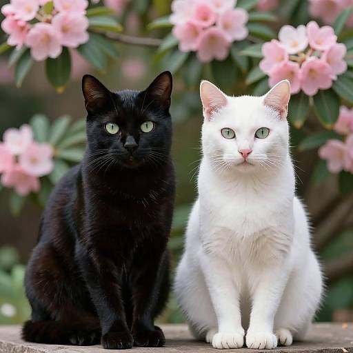 Photograph of a black cat and a white cat sitting side by side on a wooden surface, with pink flowers and green leaves in the blurred background.