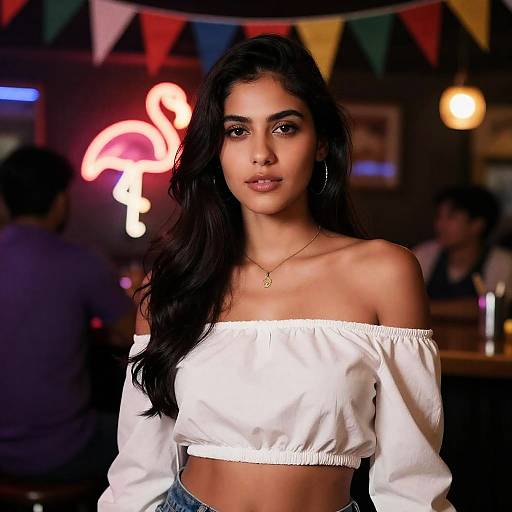 Woman in Dim Bar with Neon Flamingo