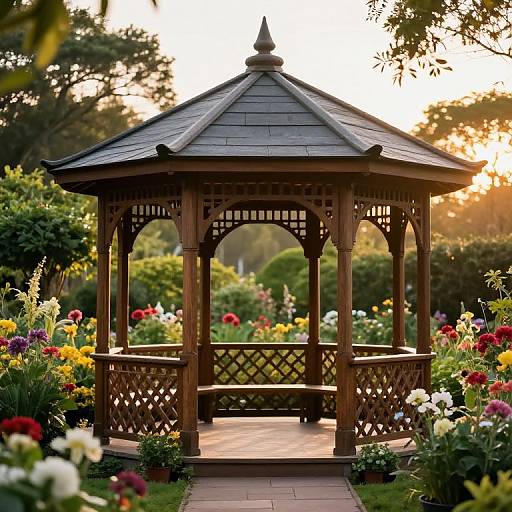 Lush Garden Gazebo at Golden Hour