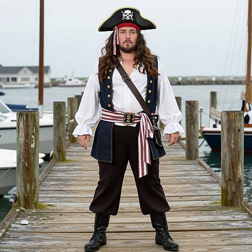 Photograph of a bearded man with long hair, dressed as a pirate, standing on a wooden dock with marina boats in background. Black tr