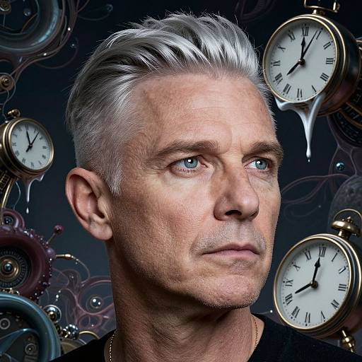 Photorealistic digital portrait of a middle-aged man with silver hair, blue eyes, and a serious expression, surrounded by floating clocks in a dark,