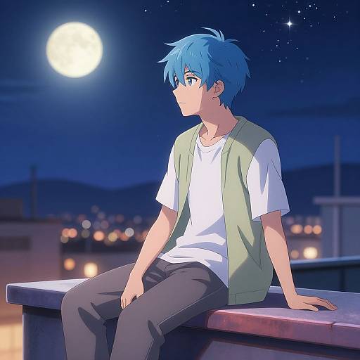 Anime Man on Rooftop Under Stars