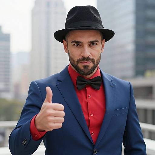 Photograph of a bearded man with dark skin, wearing a black bow tie, red shirt, navy blazer, and black hat, giving a