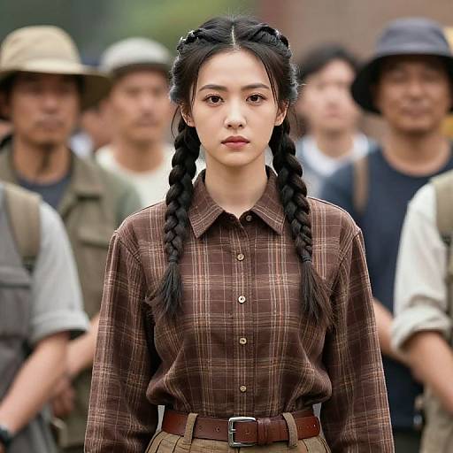 Braided Woman in Plaid Brown Shirt