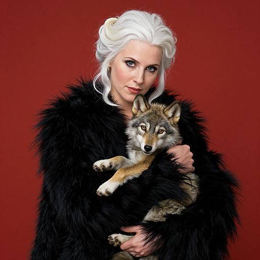 Photograph-style digital artwork of a white-haired woman in a black fur coat, holding a wolf against a red background.