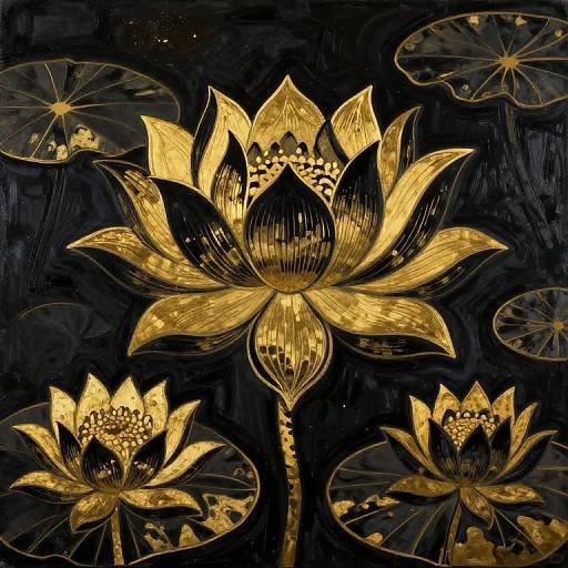 Golden lotus flowers with intricate black and gold detailing, surrounded by translucent lily pads, set against a dark black background. Digital art.