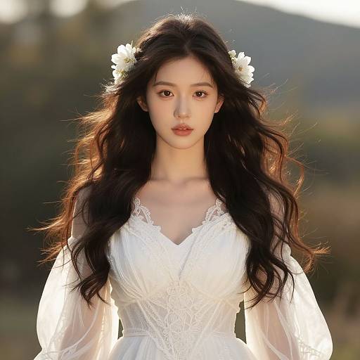 Photograph of an East Asian woman with long, wavy black hair, wearing a white lace dress and floral headpiece, standing outdoors against a blurred