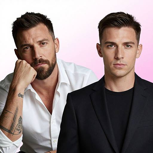 Photograph of two men; left with dark beard, white shirt, tattoos, and hand on chin; right with short hair, black suit, and