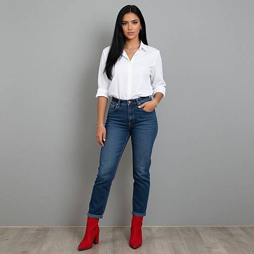 Photograph of a young woman with long black hair, wearing a white blouse, blue jeans, and red ankle boots, standing against a gray wall.