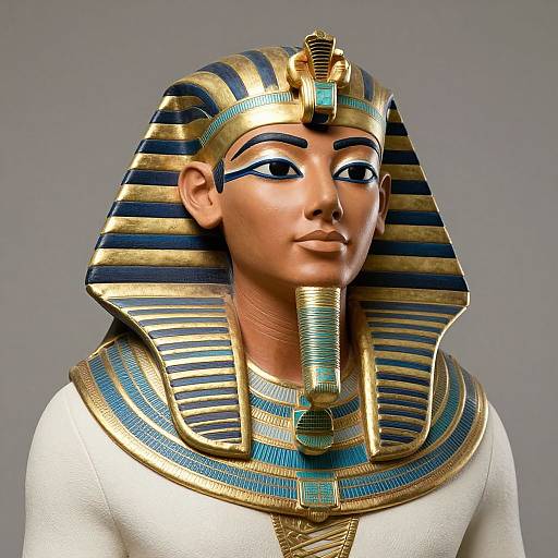 Photograph of an Egyptian-style mask with a golden headdress, blue and gold stripes, and detailed black eyes, wearing a white garment.