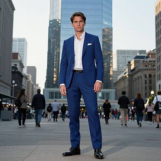 Photograph of a tall, handsome man in a sharp blue suit, white shirt, and black shoes, standing confidently in a busy urban plaza with tall