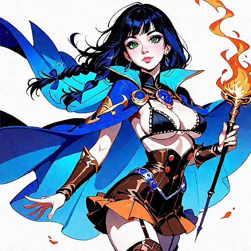 Digital anime-style artwork of a beautiful woman with green eyes, black hair, blue cape, black bikini top, and orange skirt, holding a flaming staff
