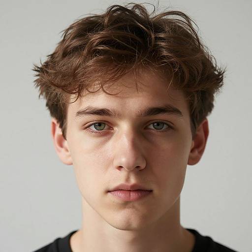 Photograph of a young, fair-skinned, brown-haired boy with blue eyes, slightly tousled hair, and a neutral expression against a plain light