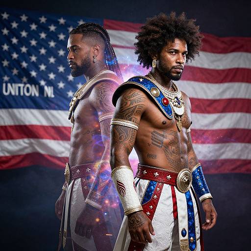 Photograph of two muscular, tattooed Black men with afros, wearing ornate, patriotic warrior outfits, standing back-to-back in front of an