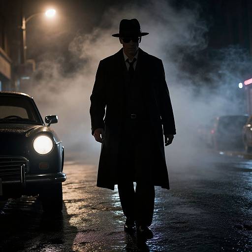 Silhouetted man in trench coat and fedora walks through foggy, rain-soaked night street, illuminated by streetlights and car headlights.