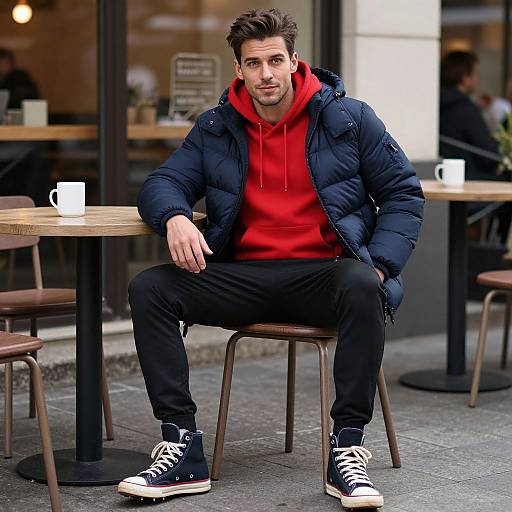 Photograph of a handsome man with short brown hair, red hoodie, black puffer jacket, black pants, and black sneakers, sitting at a wooden