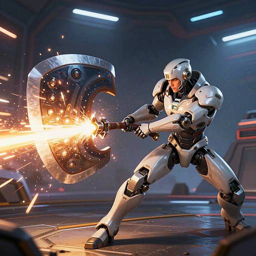 CGI image of a white-armored, futuristic warrior wielding a massive, metallic hammer, firing a bright, fiery blast in a dimly lit,