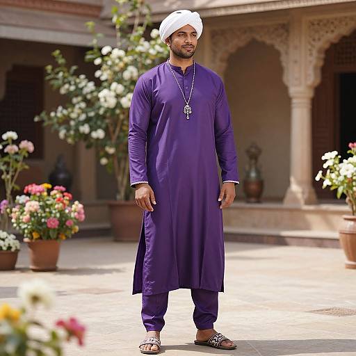 Photograph of a bearded South Asian man wearing a white turban, purple traditional long kurta, and black shoes, standing in a sunlit