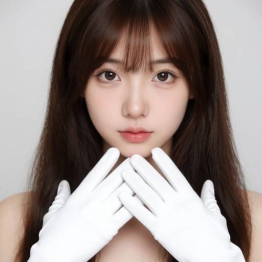 Photograph of an Asian woman with long brown hair, fair skin, and brown eyes, wearing white gloves, hands clasped near her face, against