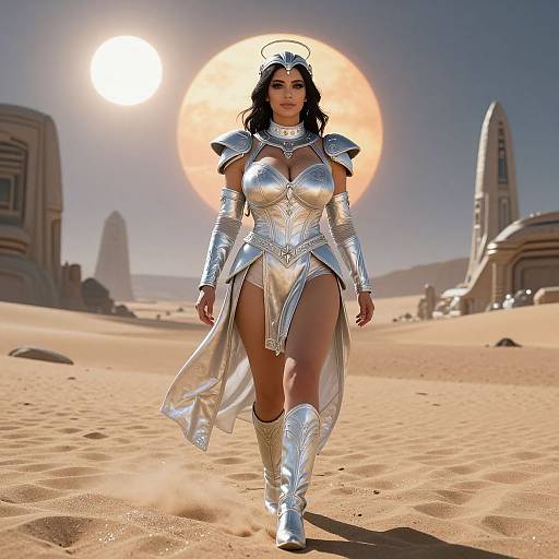 Digital artwork of a dark-haired woman in silver armor with a halo, walking through a desert with a large sun and sci-fi buildings in the background.